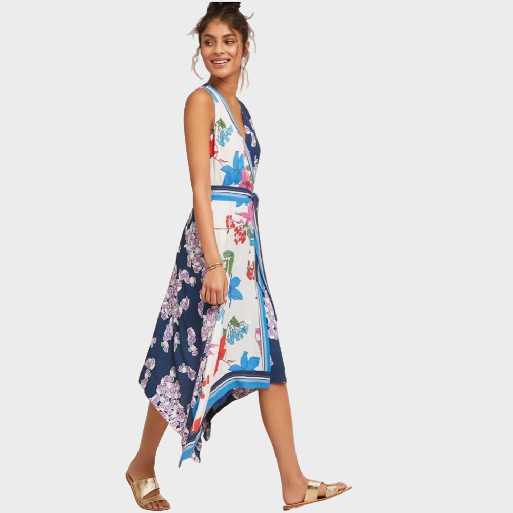 Maeve‎ Anthropologie Floral Faux Wrap Midi Dress Pockets Size 0 Coquette Indie